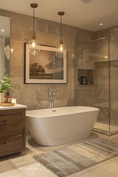 a bathroom with a bathtub, sink and shower in the middle of it's walls