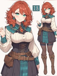 an anime character with red hair and blue eyes wearing a white shirt, green plaid skirt and brown boots