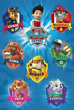 the paw patrol sticker sheet is shown in various colors and sizes, including blue