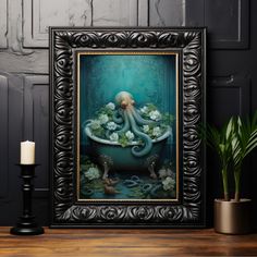 an octopus in a bathtub surrounded by flowers and greenery with a candle next to it