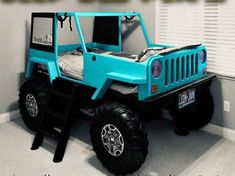 a blue jeep bed in the corner of a room