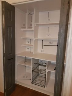 an open closet with shelves and wire baskets on the bottom shelf, measurements are shown