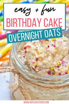 an easy birthday cake overnight oats recipe in a jar with sprinkles