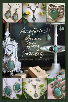 Ragtrader's pin shows green stone jewelry draped over antique clocks and trays. The small cream gift boxes are also shown holding antiqued silver and brass aventurine pieces. Our most popular stone is thought to increase confidence, subdue negative emotions and boost luck. It is incredibly versatile, pairing seamlessly with most outfits from the office presentation to date night. The green tones of this mineral complement the little black dress, any jeans, neutral, or autumnal tones. Office Presentation, Green Stone Jewelry, Increase Confidence, The Little Black Dress