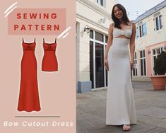 a woman in a white dress standing next to a building with the words sewing pattern below it