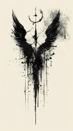 an artistic black and white painting with wings