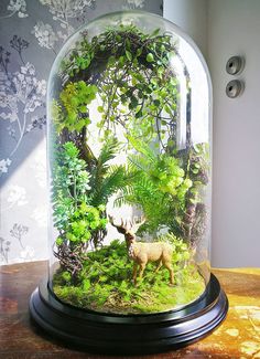 a glass dome with an image of a deer in the woods under it on a table