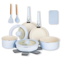 an assortment of kitchenware including pots, pans and utensils on a white background