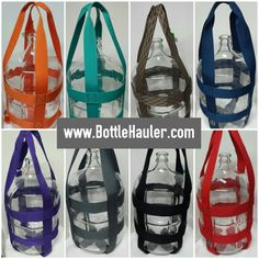 several different colored bottles with straps around them