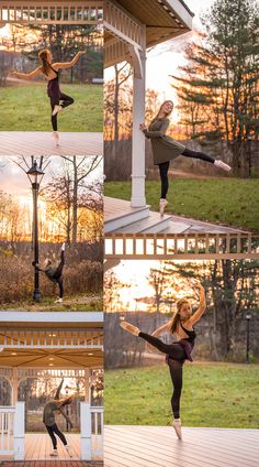 a collage of photos shows a woman doing yoga in front of a gazebo