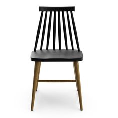 a black chair with wooden legs and a seat cushion on top of it, against a white background