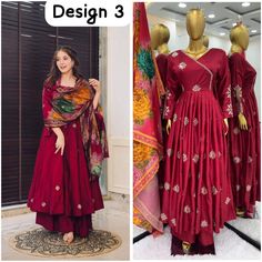 Welcome To Our Shop  https://www.etsy.com/shop/UniqHandmadePlanet Presenting New Designer Collection In Pure Chinnon With Embroidery Sequence Work Gown And Dupatta Set Fully Stitched Ready To Wear  Fabric Detail 💃👚Top👚💃 Top Fabric :Pure Chinnon Silk With Embroidery Work With Fancy Full Sleeve Top Inner  :Heavy Micro Cotton Top Length:-48-49Inch Top Size: (FULLY STITCHED READY TO WEAR) 💃👚 Plazzo👚💃 Plazzo Fabric  :Heavy Chinnon Silk with Full Flair with Elastic  (Full stitched)  Bottom Len Anarkali Designs For Stitching, Indian Long Dress, Pakistani Frocks, Full Sleeve Top, Silk Kurti, Top Fabric, Designer Gowns, Anarkali, Full Sleeve