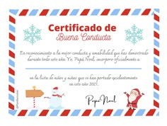 a certificate with santa claus and snowflakes on the border is shown in spanish