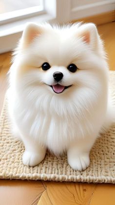 a small white dog sitting on top of a rug