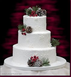 a three tiered white cake with pine cones and berries on the top is displayed