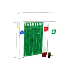 a drawing of a green door and potted plants