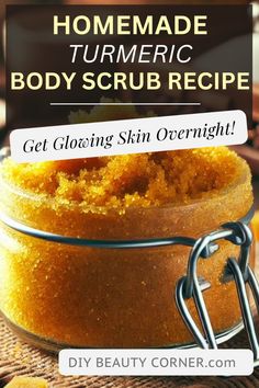 Learn how to make your own DIY turmeric body scrub with this easy recipe! Turmeric is known for its brightening and anti-inflammatory properties, making it perfect for exfoliating and revitalizing dull skin. This homemade turmeric scrub can help you achieve glowing skin overnight, while also lightening dark spots and evening out your skin tone. Perfect for self-care or as a thoughtful gift. Try this turmeric sugar scrub for smoother, brighter skin today!  #turmericscrub #turmeric #bodyscrub #exfoliant #skincare #exfoliation #beauty #turmericface #glowup #turmericbenefits #naturalbeauty How To Get Brighter Body Skin, Turmeric Scrub For Inner Thighs, Diy Skin Exfoliant, Hydrating Body Scrub Diy, How To Make Turmeric Body Scrub, Turmeric Exfoliating Scrub, Tumeric Sugar Body Scrub, Diy Turmeric Scrub, Turmeric Body Scrub Dark Spots Diy