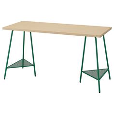 a wooden table with green metal legs on an isolated white background for use as a desk