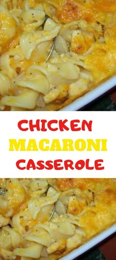 chicken macaroni and cheese casserole in a white dish