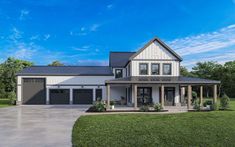 this is an artist's rendering of a modern farmhouse style home with two car garages