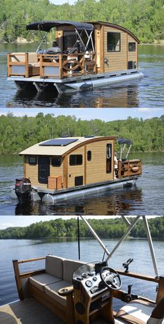 there are two pictures of a house boat on the water