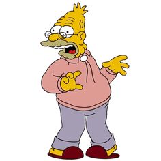 the simpsons character is wearing a pink shirt and blue pants with his hands in the air