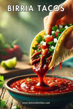 a person dipping some food into a bowl filled with ketchup and cilantro