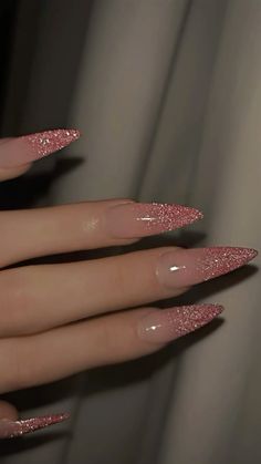 Nails Pink Gold Glitter, Reflective Glitter Acrylic Nails, Pink Holiday Nails Almond, Pink Glitter Manicure, Pink Sagittarius Nails, Pink December Nails, Glinda Nail, Glitter Nails With Gems, Pink And White Ombre Nails With Glitter