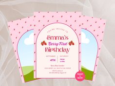 a pink birthday party card with strawberrys on it