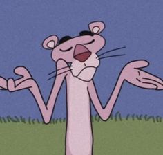 the pink panther is standing on its hind legs and has his hands in the air