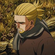 an anime character with blonde hair wearing a brown coat and black hoodie looking to his left