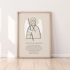 a framed poster with an image of saint michael arcanel in black and white