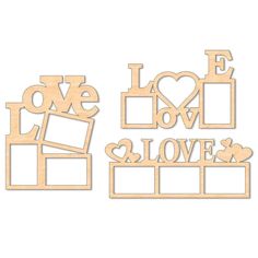 some cut outs that have been made to look like frames with hearts and words on them