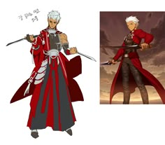 two different views of the same character, one with white hair and another with gray hair