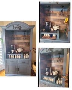 two pictures of the inside of a hutch with coffee maker and mugs on it