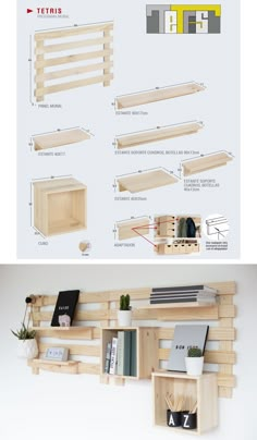 some shelves are made out of wood and have different types of bookshelves on them