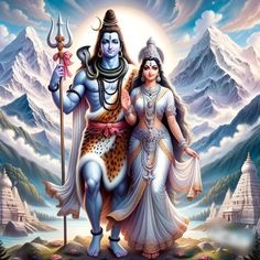 the god and goddess are standing together in front of mountains with clouds, trees and flowers