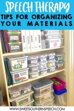 a shelf filled with plastic containers and labeled tips for organizing your materials