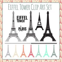 the eiffel tower clip art set is shown in different colors and sizes, including black