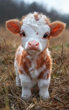 a small brown and white cow standing on top of dry grass