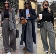 Dark Grey Wide Leg Trousers Outfit, Dark Grey Dress Pants Outfit Women, Dark Gray Slacks Outfit Women, Grey Wide Leg Pants Outfit Work, Grey Trousers Outfit Women Street Style, Grey Wide Pants Outfit, Wide Leg Grey Pants Outfit, Grey Trousers Outfit Women Work Attire