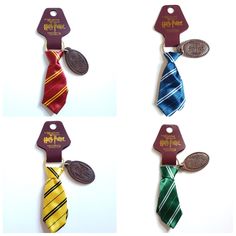 four harry potter themed ties with coins attached to them and one has a badge on it