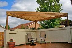 two chairs are sitting on the patio under an awning