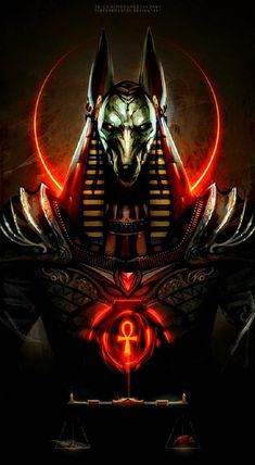 an egyptian mask with red lights in front of it and the symbol for libra