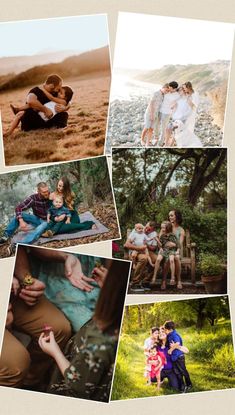 a collage of photos with people sitting on the ground and one person holding a baby