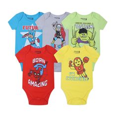 PRICES MAY VARY. Officially licensed Marvel Avengers newborn and infant baby boys clothes, straight from your favorite Avengers movies. Suit up your little hero with this Marvel Avengers 5 pack bodysuits and baby essentials featuring Captain America, Hulk, Iron Man, Spider-Man, and Thor onesies, essential for every budding Avenger. Unveil the power of the Avengers with one Captain America blue bodysuit, one Iron Man red onesie, one Spider-Man blue bodysuit, one Thor black onesie, and one Hulk gr First Spiderman, Spider Man Blue, First Hulk, Marvel Store, Superhero Baby Shower, Black Onesie, Man Spider, Avengers Birthday