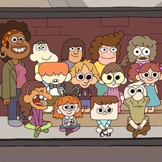 an animated group of people standing in front of a brick wall with their eyes open