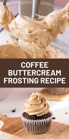 coffee buttercream frosting recipe on a wooden cutting board with a mixer in the background