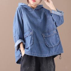 Plus Size - Loose Solid Color Drawstring Denim Hoodie - Jverny Spring Hoodie With Pockets Relaxed Fit, Spring Hoodie With Pockets In Relaxed Fit, Hooded Cotton Denim Jacket With Pockets, Casual Washed Hoodie For Spring, Spring Denim Hooded Hoodie, Spring Casual Washed Hoodie, Denim Blue Hooded Hoodie For Fall, Spring Hooded Washed Top, Spring Washed Hooded Top