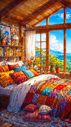 a painting of a bedroom with a large window overlooking the mountains and flowers on the bed